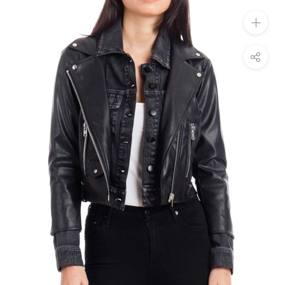 Avec Les filles Crop Faux Leather And Denim jacket size S